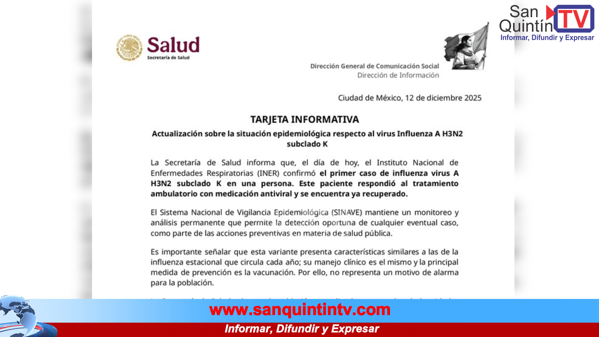 México detecta su primer caso de la llamada “súper gripe”: influenza A H3N2 subclado K