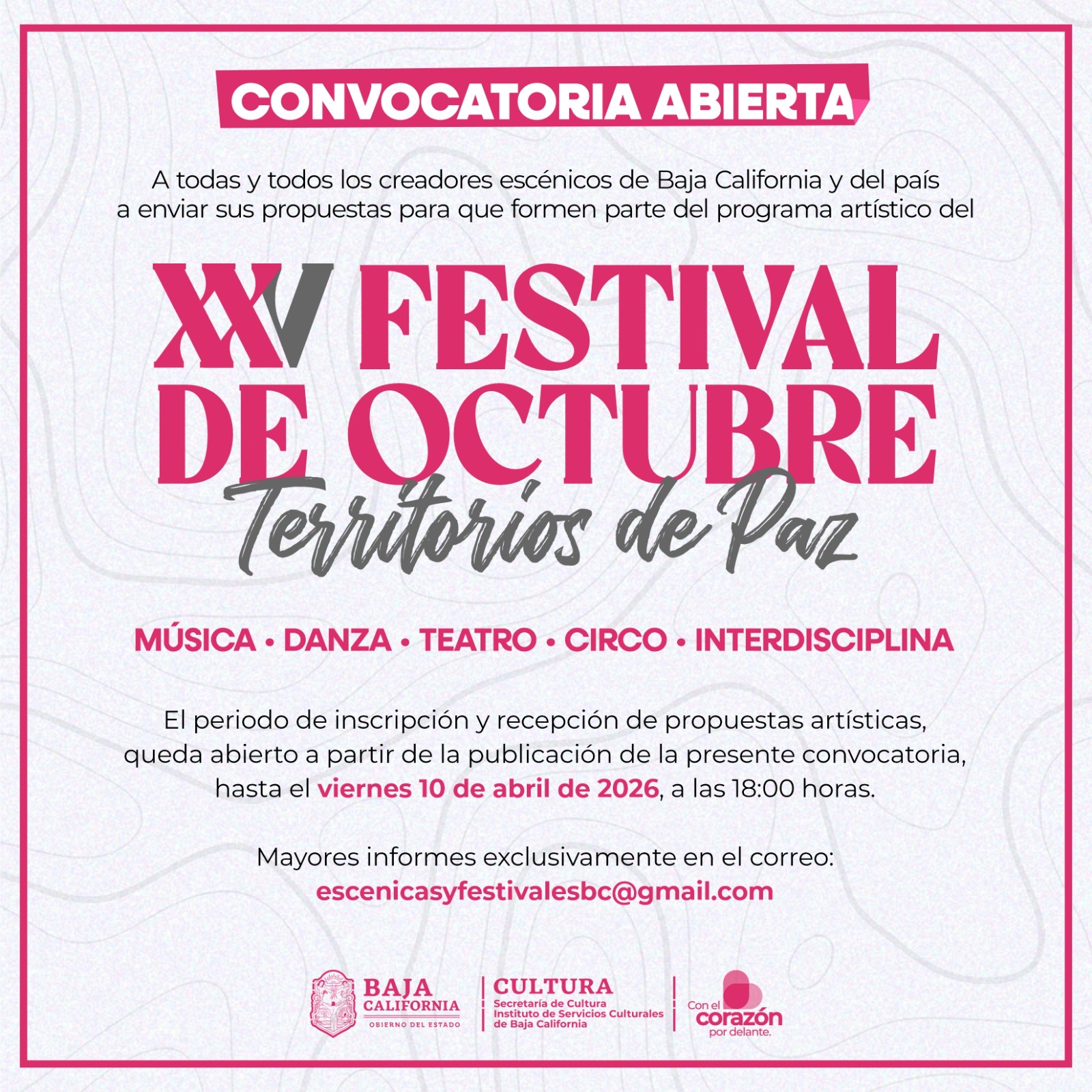 Festival de Octubre 2026 abre sus puertas a la creatividad nacional bajo el lema “Territorios de Paz”