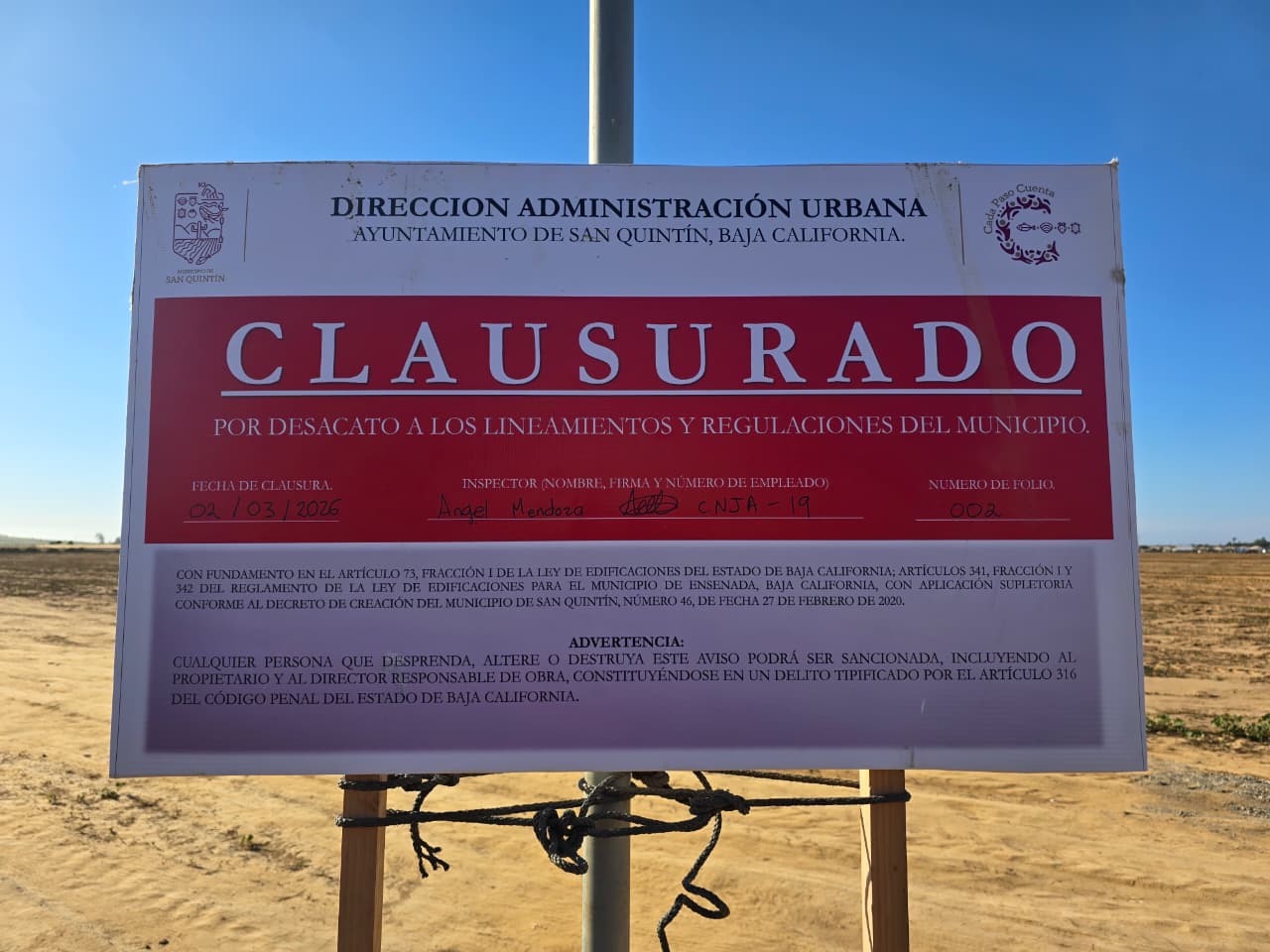 Ayuntamiento de San Quintín va contra fraccionamientos irregulares