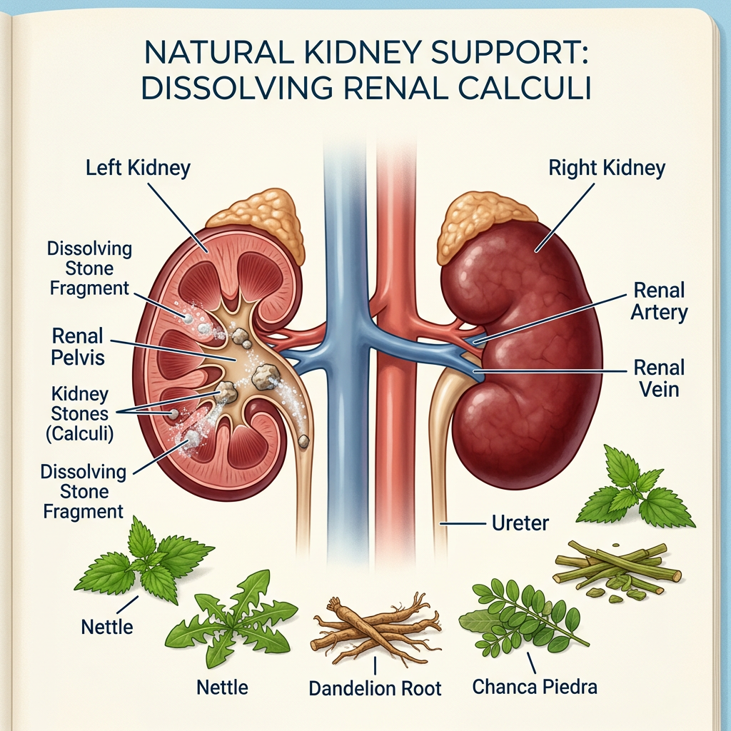 Diagram of kidneys with labeled kidney stones dissolving, plus images of nettle, dandelion root, and chanca piedra herbs